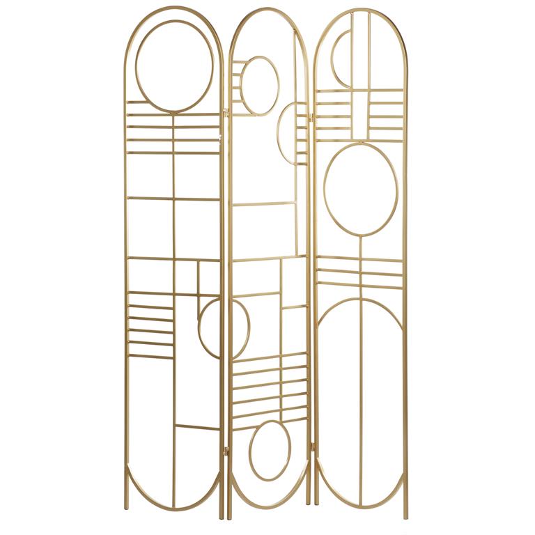 Gold Metal Geometric Hinged Foldable Arched Partition 3 Panel Room Divider Screen, 50" x 1" x 69"