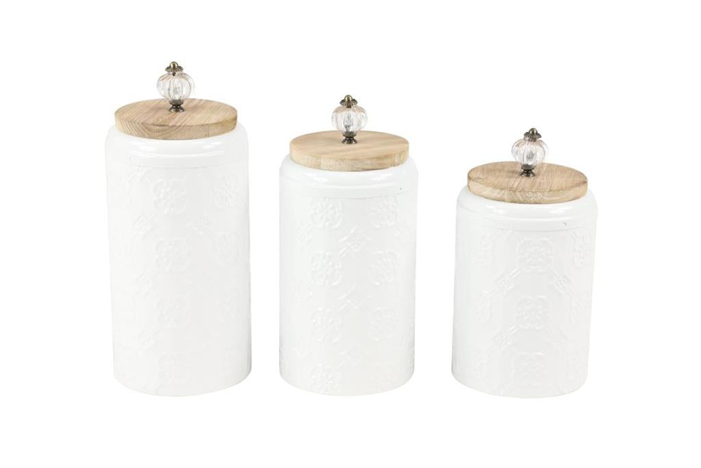 White Metal Floral Decorative Jars with Wood Lids, Set of 3 12", 10", 9"H