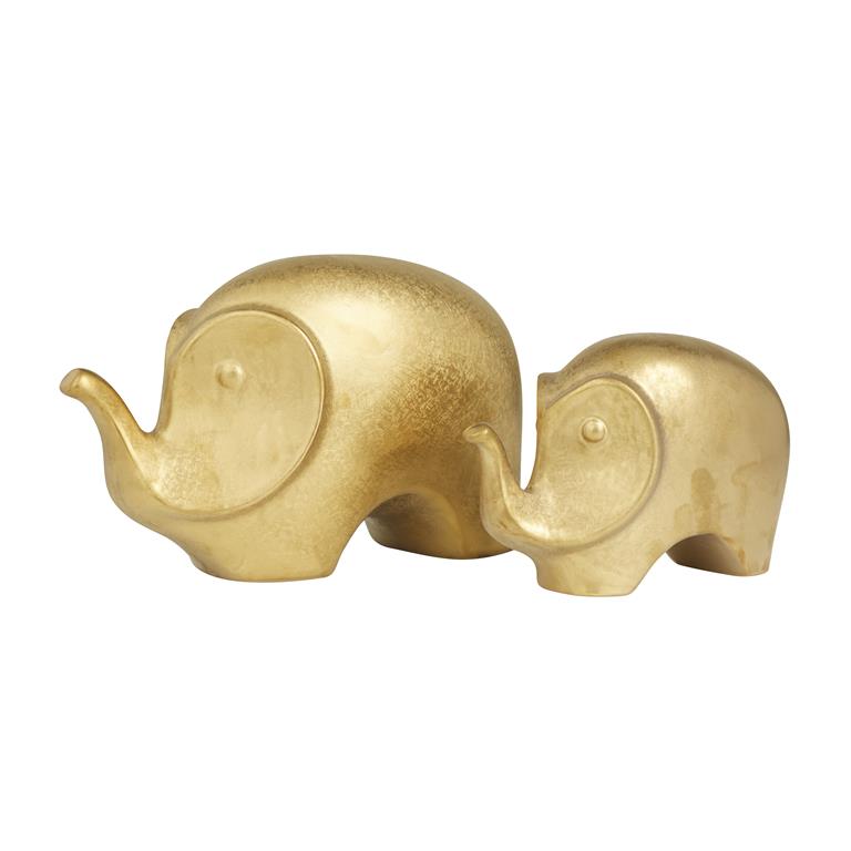 Gold Ceramic Contemporary Elephant Sculpture, Set of 2 7", 6"H