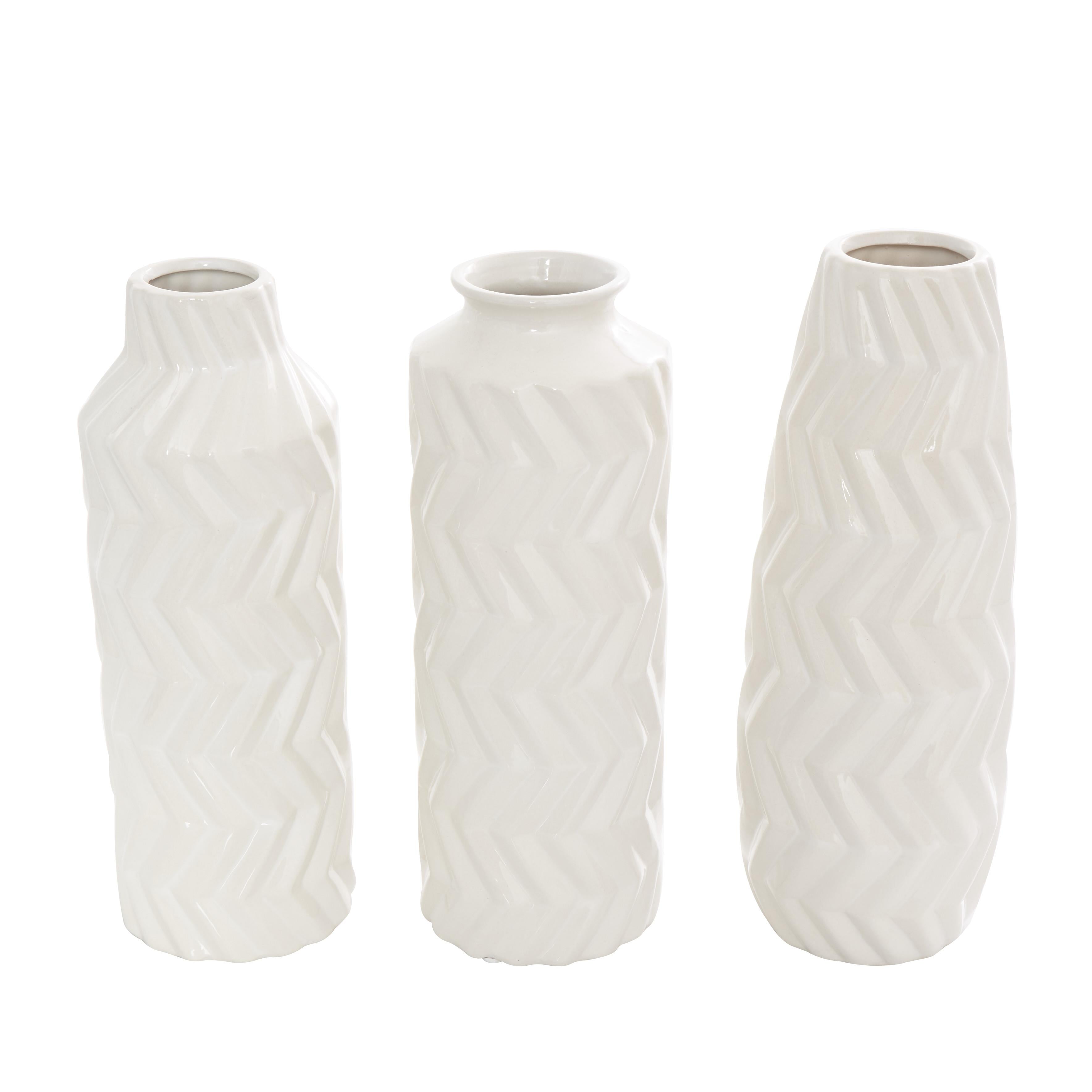 WHITE CERAMIC DIMENSIONAL CHEVRON TEXTURED VASE 11"