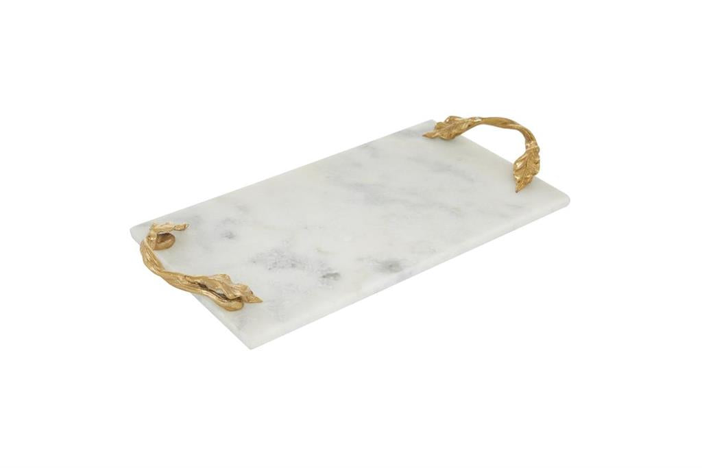 Charola Marmol Blanco Asas Hojas Gold 21" x 10"