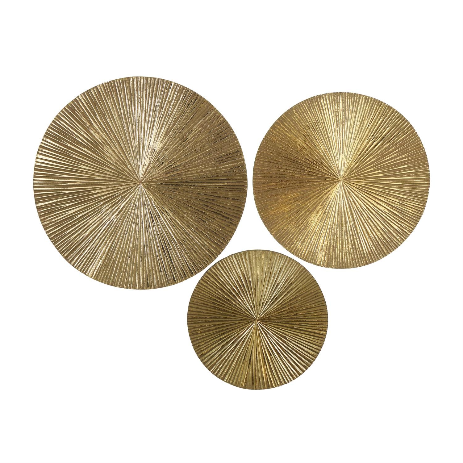 Gold Wood Plate Carved Radial Wall Decor, Set of 3 24", 20", 16"H