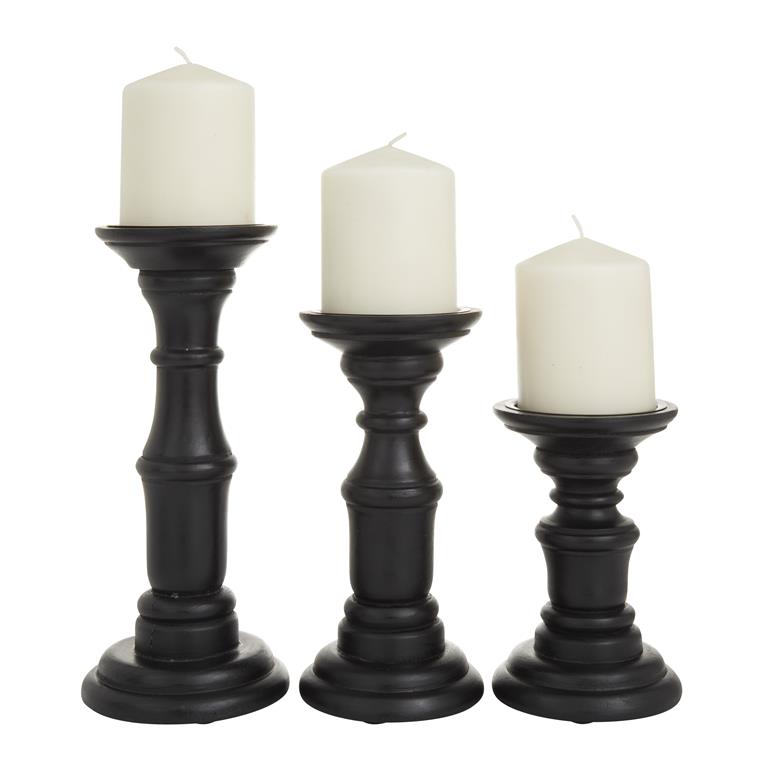 Black Mango Wood Traditional Candle Holder, Set of 3 10", 8", 6"H