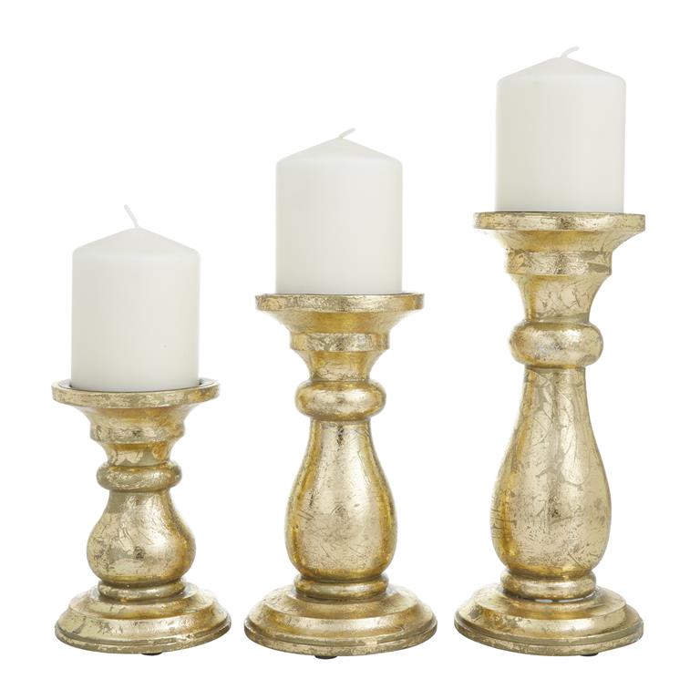Gold Mango Wood Traditional Candle Holder, Set of 3 10", 8", 6"H