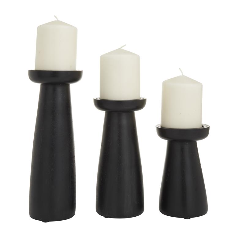Black Mango Wood Modern Candle Holder, Set of 3 10", 6", 8"H
