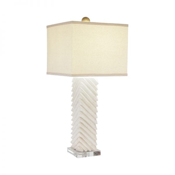 LÁMPARA DE MESA Blanca con líneas geométricas y pantalla beige