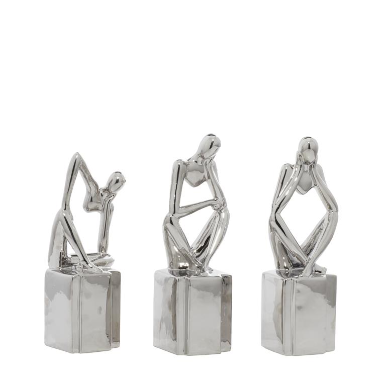 Silver Porcelain Contemporary People Sculpture, Set of 3 4"W, 13"H
