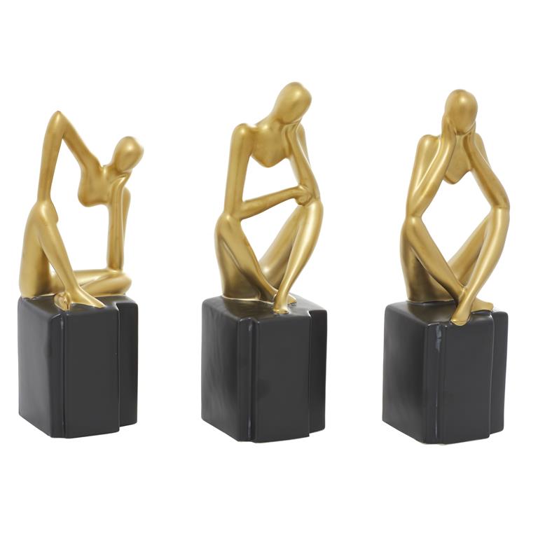 Gold Porcelain Contemporary People Sculpture, Set of 3 4"W, 13"H