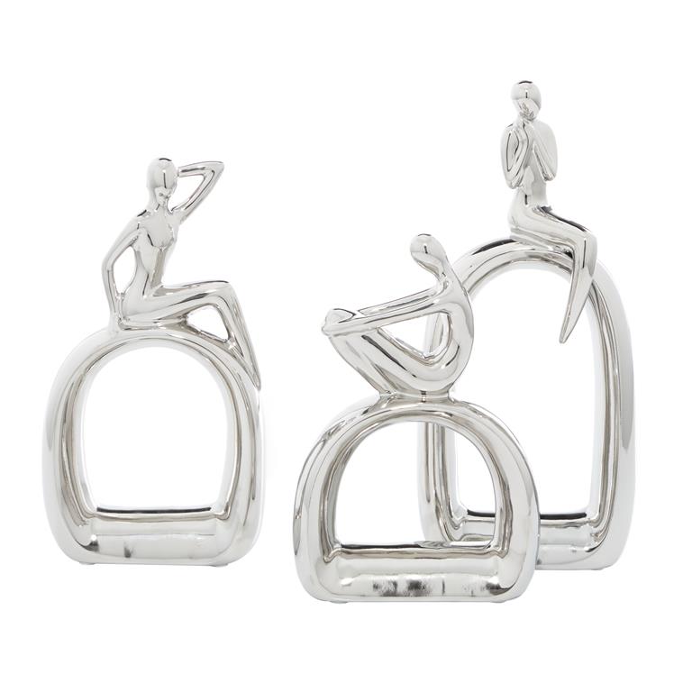 Silver Porcelain Contemporary People Sculpture, Set of 3 13", 11", 10"H