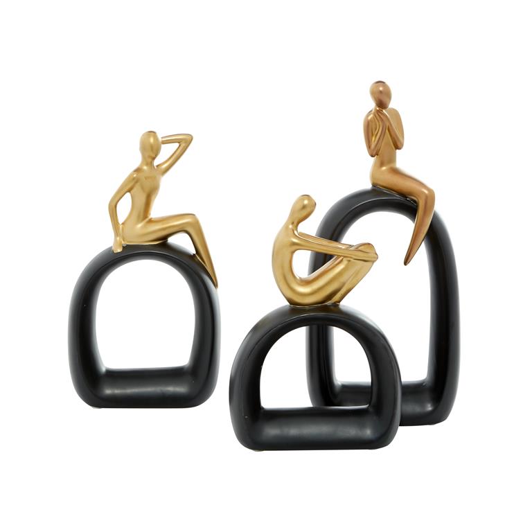 Gold Porcelain Contemporary People Sculpture, Set of 3 13", 11", 10"H