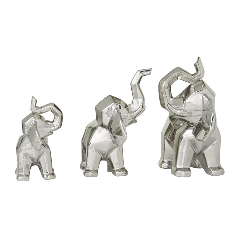 Silver Porcelain Glam Elephant Sculpture, Set of 3 12", 11", 8"H