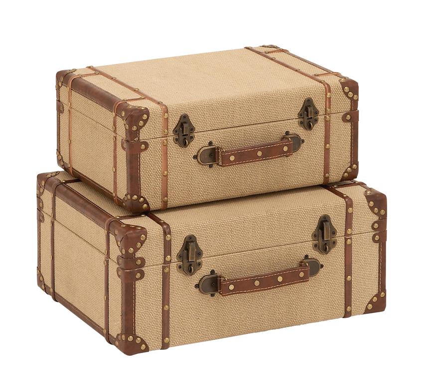 Beige Wood Nesting Upholstered Trunk with Vintage Accent