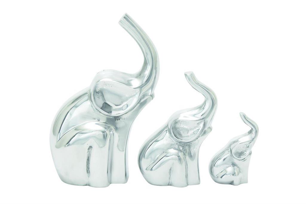 Silver Aluminum Contemporary Elephant Sculpture, Set of 3 12", 8", 5"H