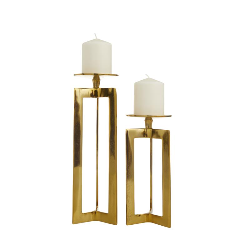 Gold Aluminum Contemporary Candle Holder, Set of 2 14", 10"H