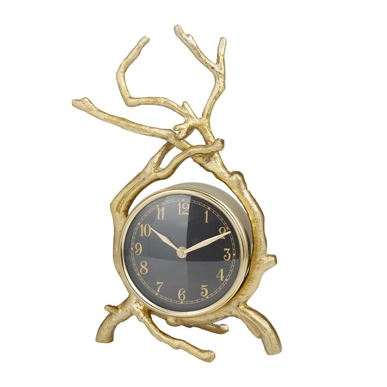 Gold Aluminum Clock with Branch Accents, 8" x 4" x 13"