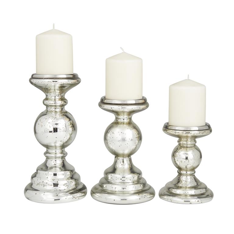 Silver Glass Glam Candle Holder, Set of 3 10", 8", 6"H