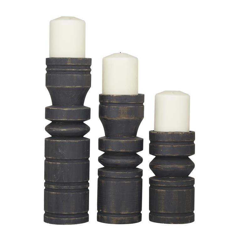 Black Wood Candle Holder, Set of 3 14", 11", 8"H