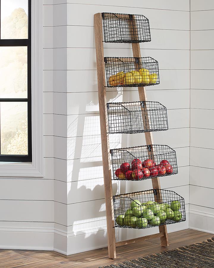 Rack de madera con canastas de latón, negro