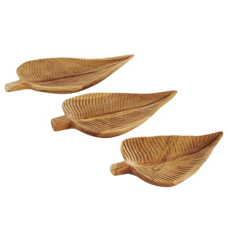 Brown Teak Wood Leaf Handmade Carved Texture Tray, Set of 3