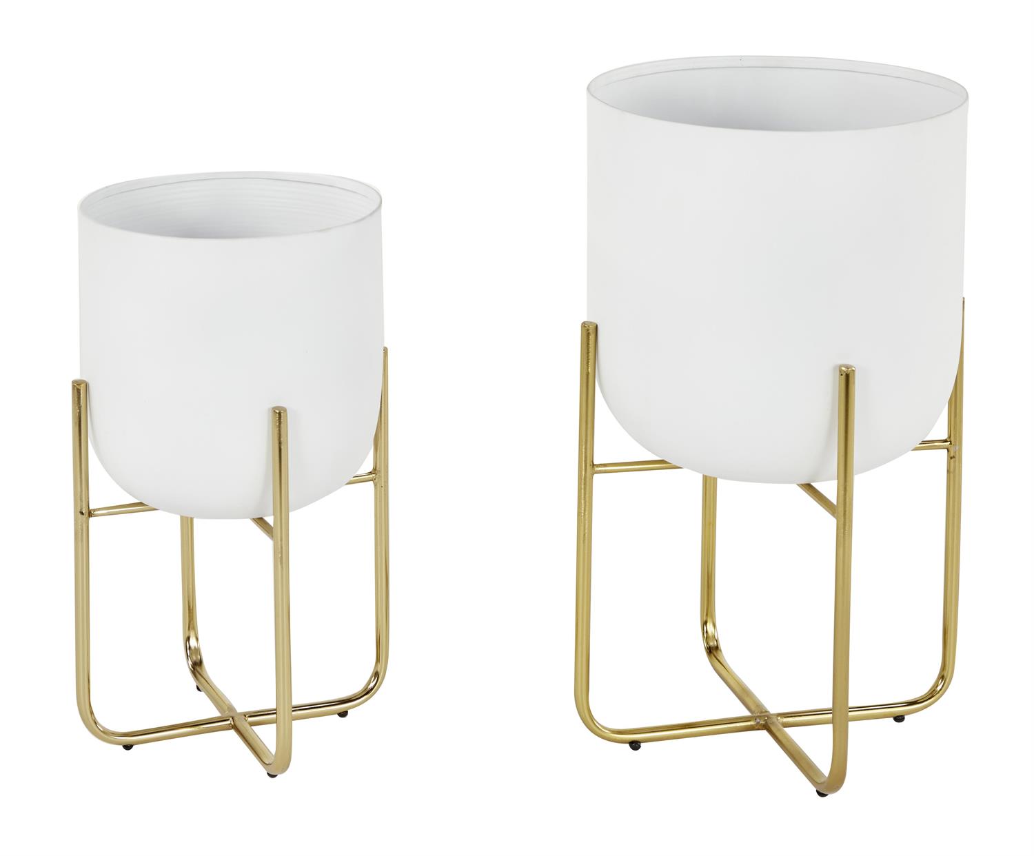 White Metal Planter with Removable Gold Stand, Set of 2