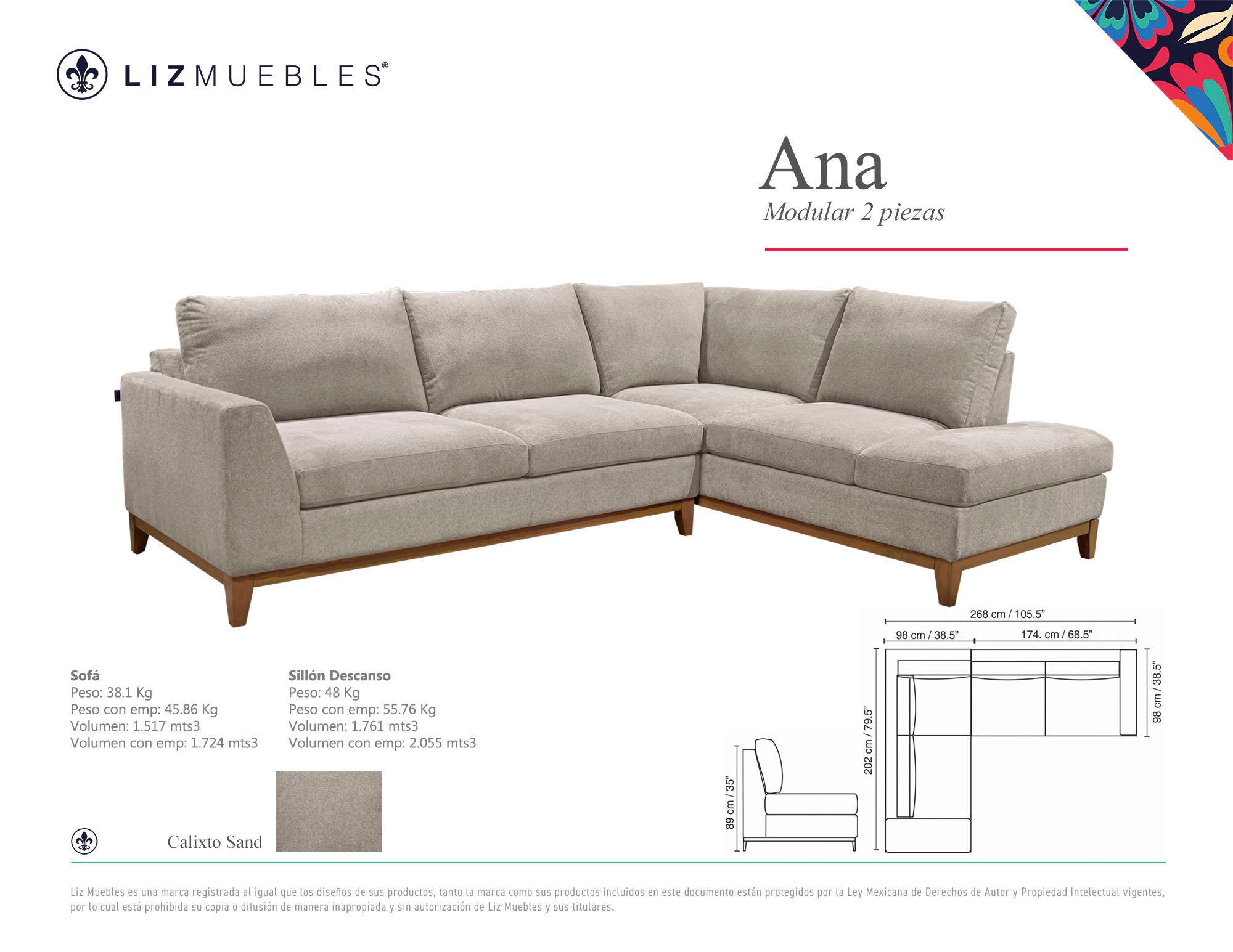 Sala Seccional ANA 2 pzs Chaise Izquierdo, Edgemere Oyster