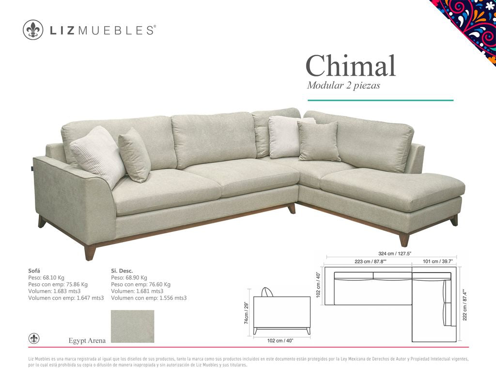 Sala Seccional CHIMAL 2 pzs Chaise derecho, Egypt Arena