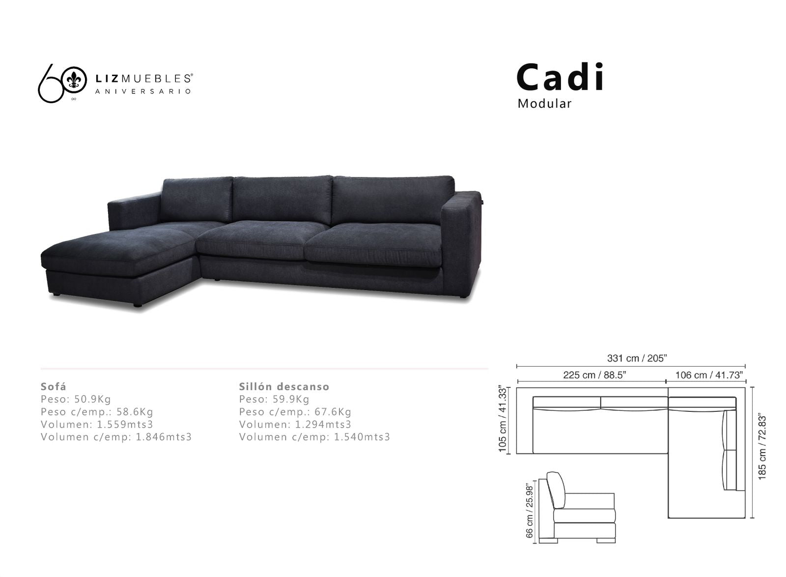 Sala Seccional CADI 2 pzs Chaise Izquierdo Siberium