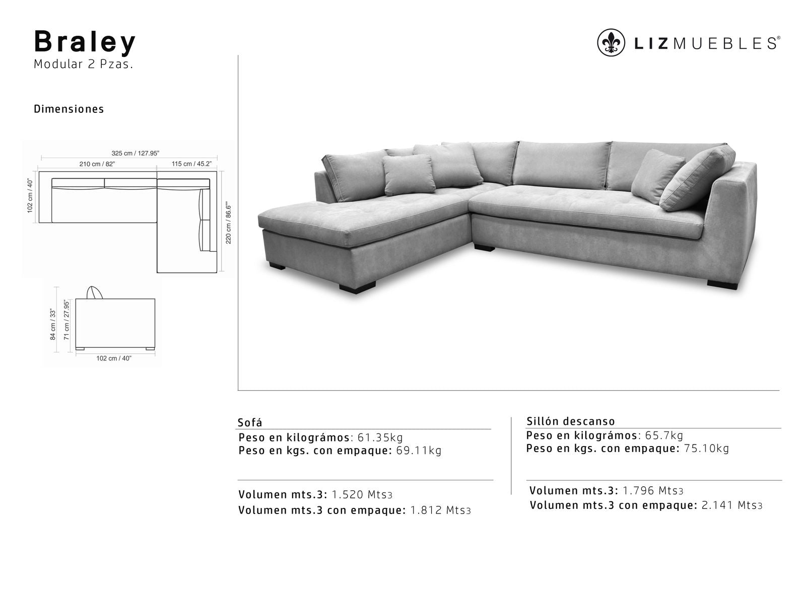 Sala Seccional BRALEY 2 pzs Chaise Izquierdo Calixto Beige