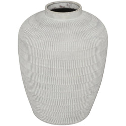 Cream Ceramic Textured Vase with Linear Pattern, 15" x 15" x 19"