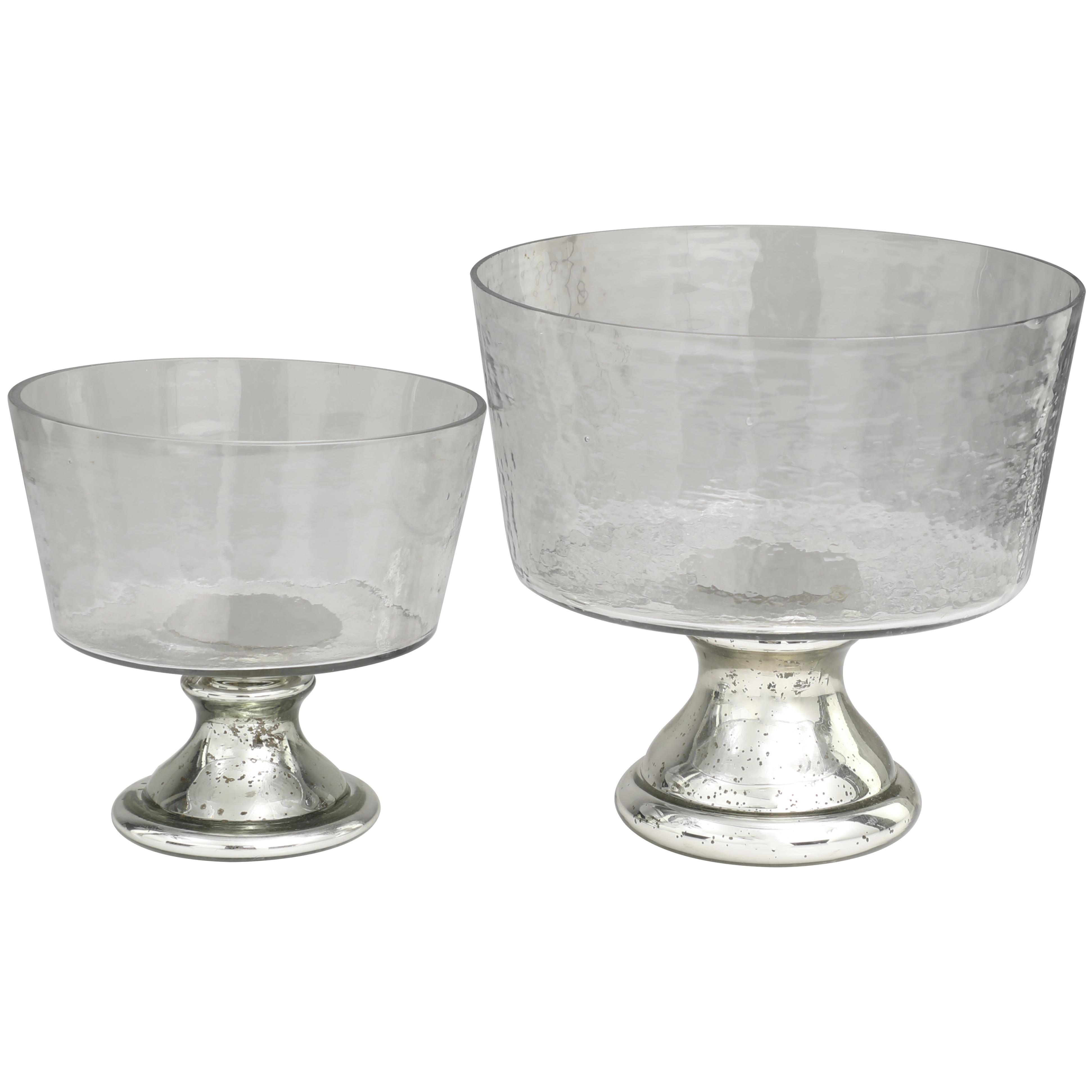 SILVER GLASS BOWL WITH MERCURY GLASS PEDESTAL BASE