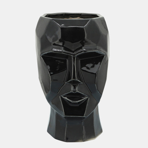 CERAMIC, 12" FACE VASE, BLACK