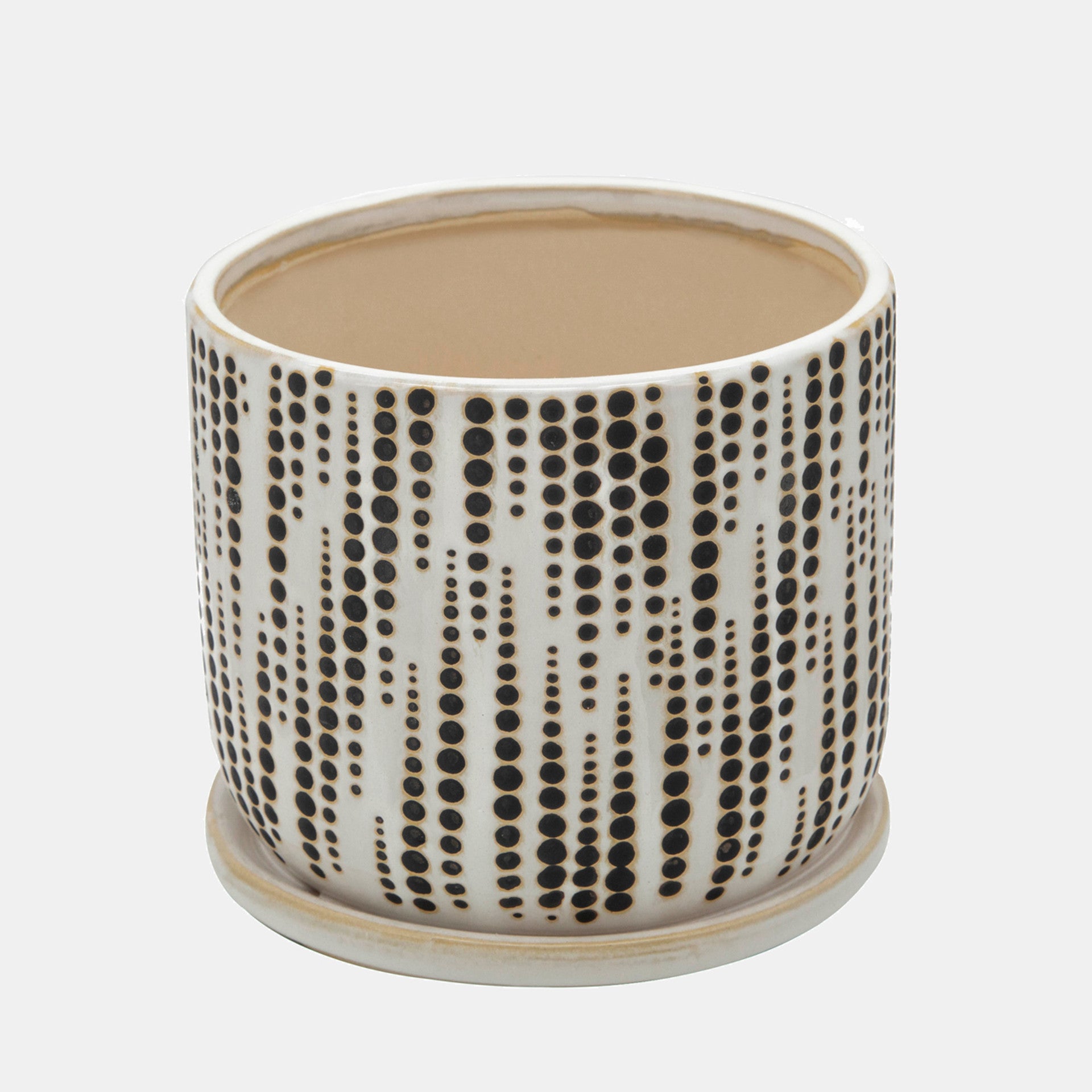 MACETA GR CERÁMICA BEIGE TEXTURA DE PUNTOS CON PLATILLO/ 6"