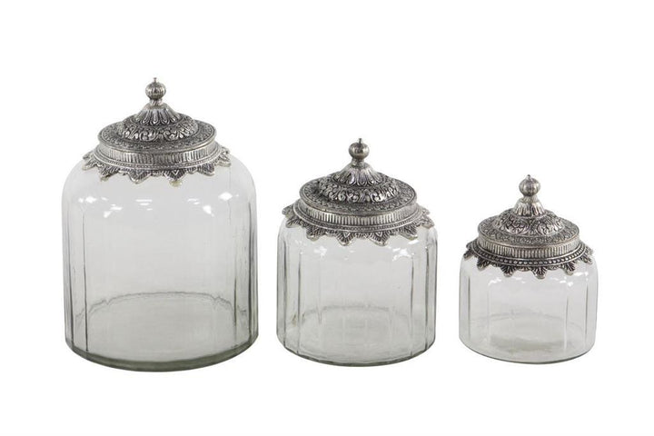 Clear Glass Decorative Jars with Engraved Silver Lids, Set of 3 6