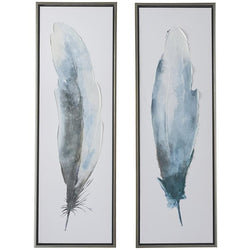 Blue Canvas Bird Feathers Framed Wall Art with Silver Frame Set of 2 16"x47"