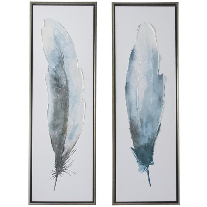 Blue Canvas Bird Feathers Framed Wall Art with Silver Frame Set of 2 16