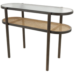 Brown Rattan Console Table with Pressed Tempered Gla
