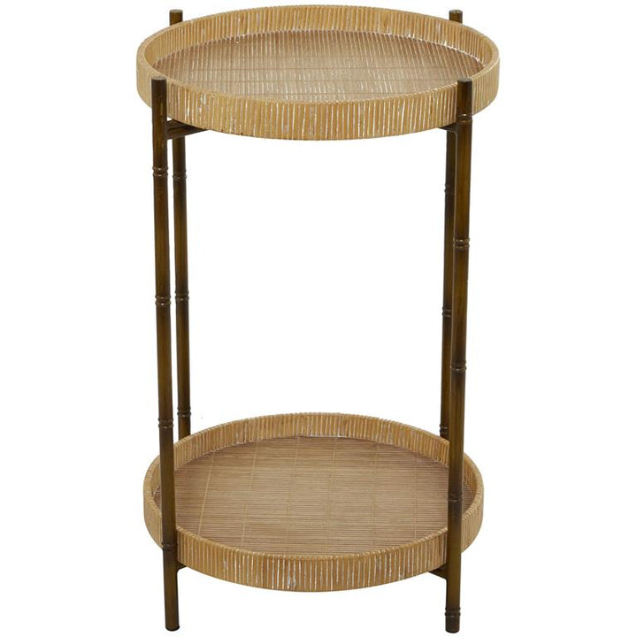 BROWN RATTAN 2 TRAY SHELVES ACCENT TABLE WITH METAL BAMBOO INSPIRED LEGS, 18