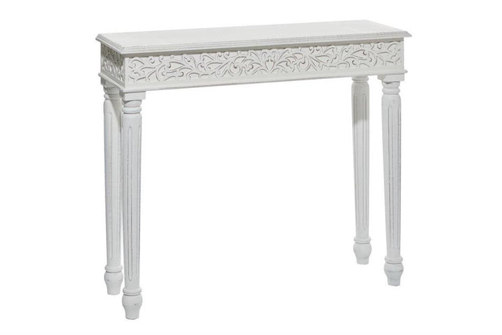 White Wood Scroll Intricately Carved Console Table, 36