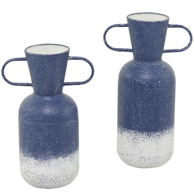 Blue Metal Vase with Handles, Set of 2 17", 15"H