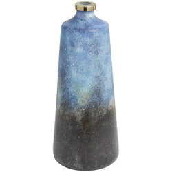 Blue Glass Abstract Galaxy Inspired Vase with Gold Top 7x7x17"