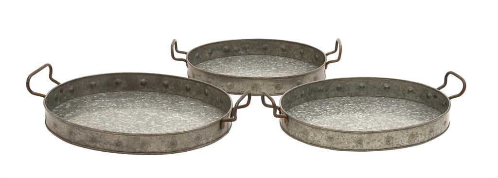 Gray Metal Galvanized Tray with Rust Handles, A/B/C