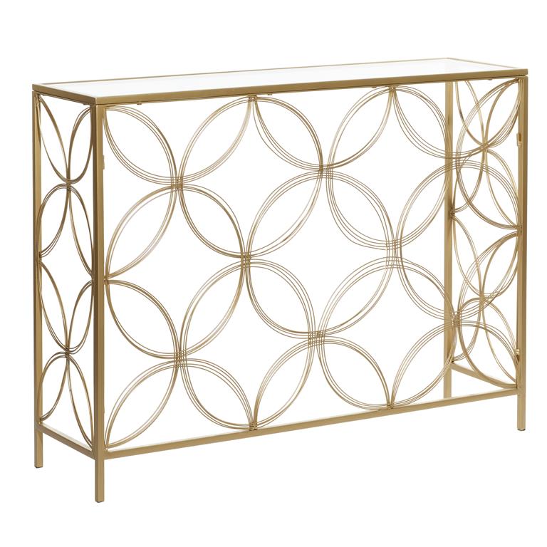 Gold Metal Geometric Open Style Quatrefoil Frame Console Table with Mirrored Top, 42" x 12" x 32"