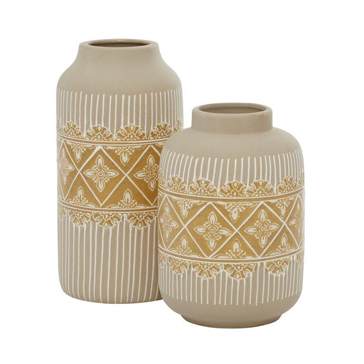 Beige Ceramic Floral Handmade Vase wi