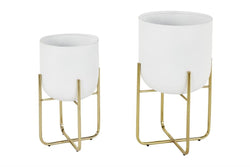 WHITE METAL PLANTER WITH REMOVABLE GOLD STAND, SET OF 2 16", 13"H