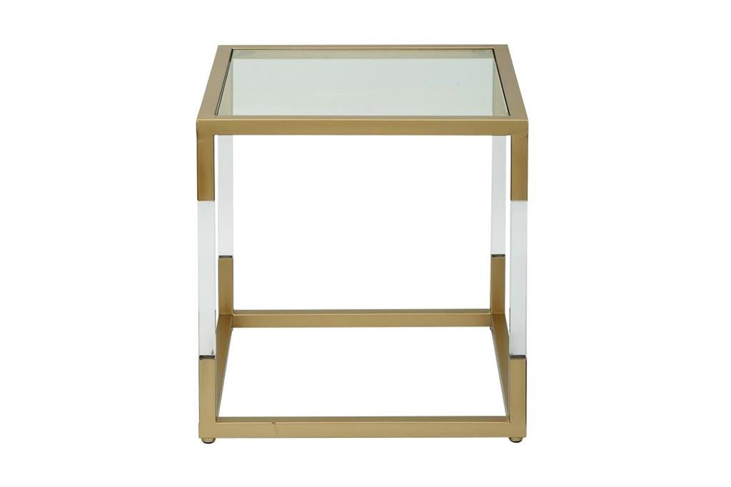 Gold Metal Accent Table with Clear Glass Top and Acrylic Le