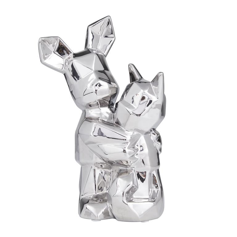 Silver Porcelain Glam Dog & Cat Sculpture, 8" x 5" x 12"