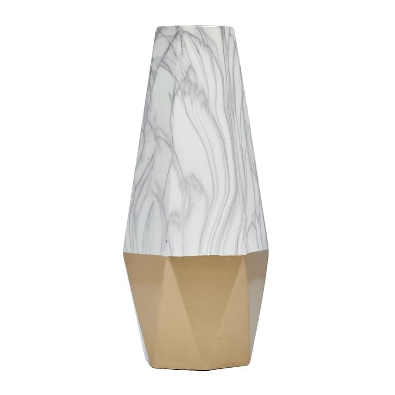 Gold Ceramic Faux Marble Vase with Gold Base, 7" x 7" x 18"