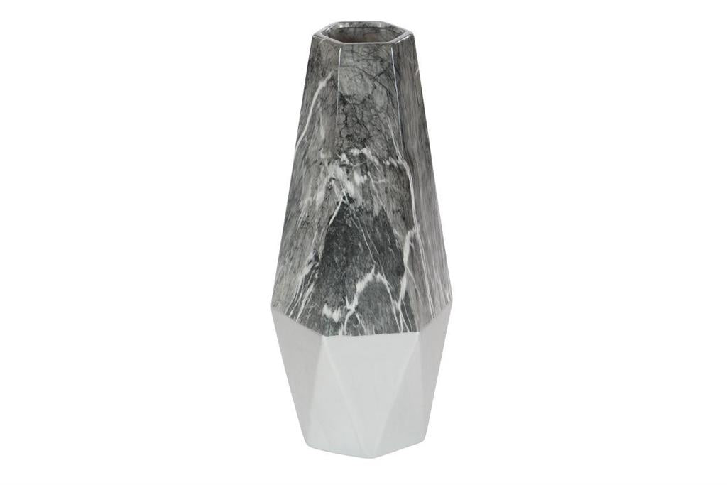 Dark Gray Ceramic Faux Marble Vase with Silver Base, 7" x 7"x18