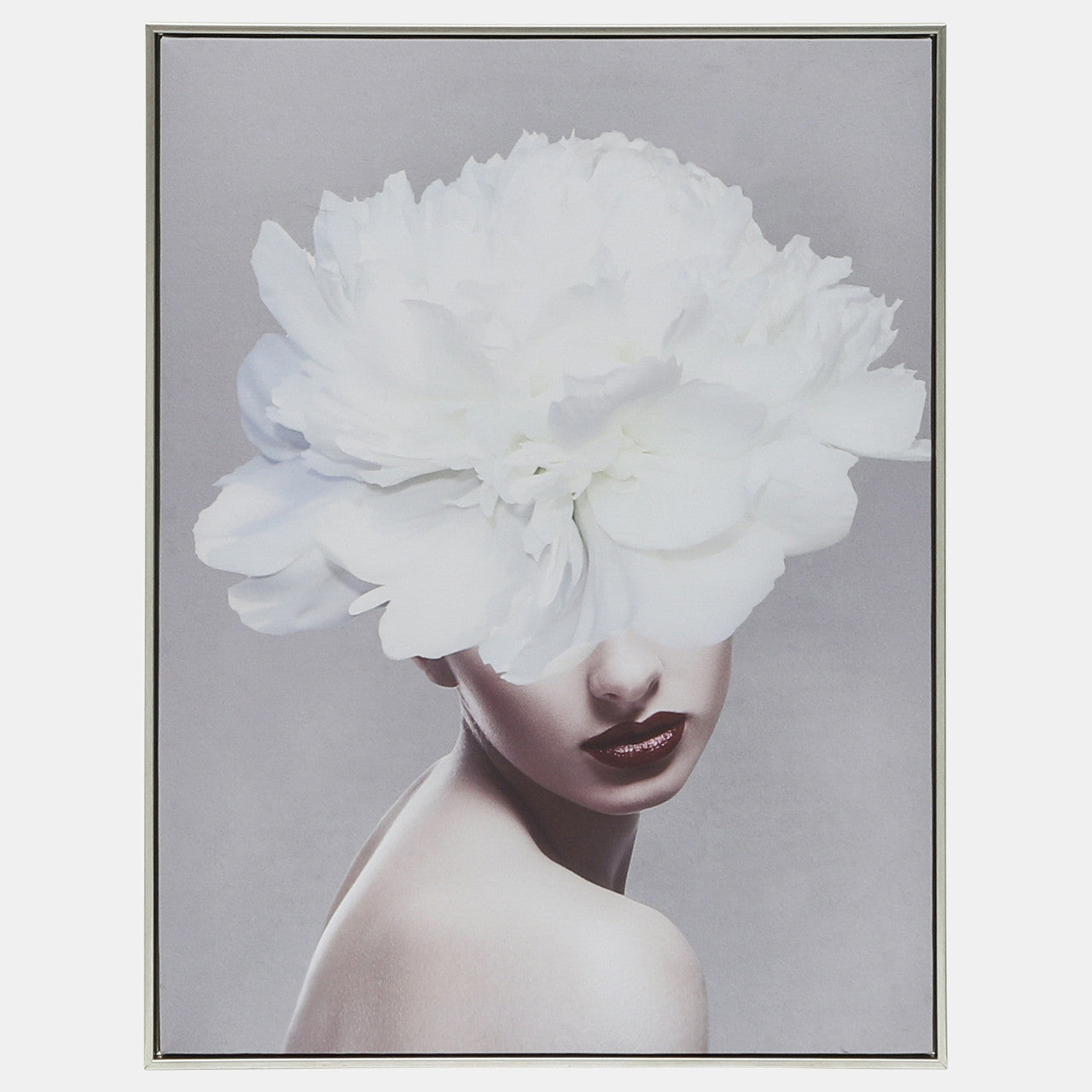 24X32 FLOWER LADY FRAMED CANVAS, WHITE