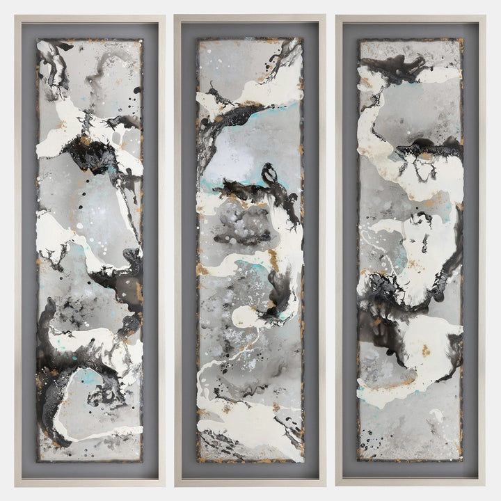 S/3 ABSTRACT CANVAS, BLACK ON SILVER FRAME 66X21